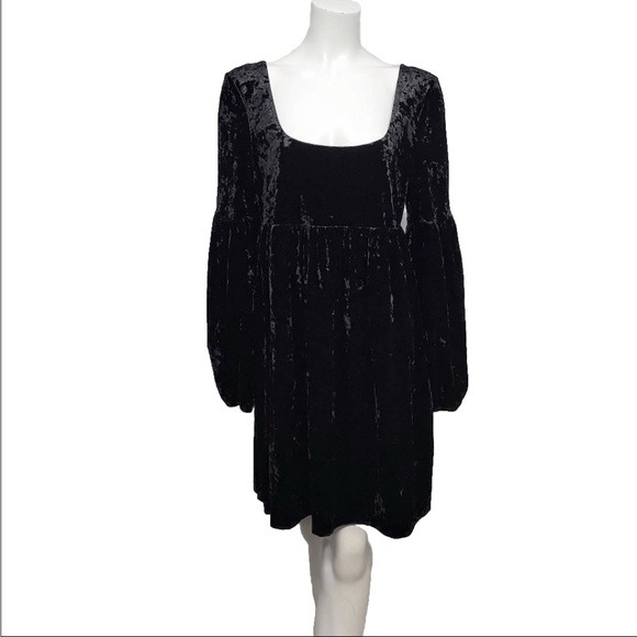 Free People Oh so Easy Black Velvet Babydoll mini Dress Long Sleeve Size Small - Picture 1 of 9